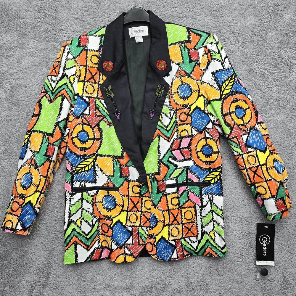 Vibrant 1990s Cedars Single-Breasted Blazer Eclectic Embellished Artsy Size M